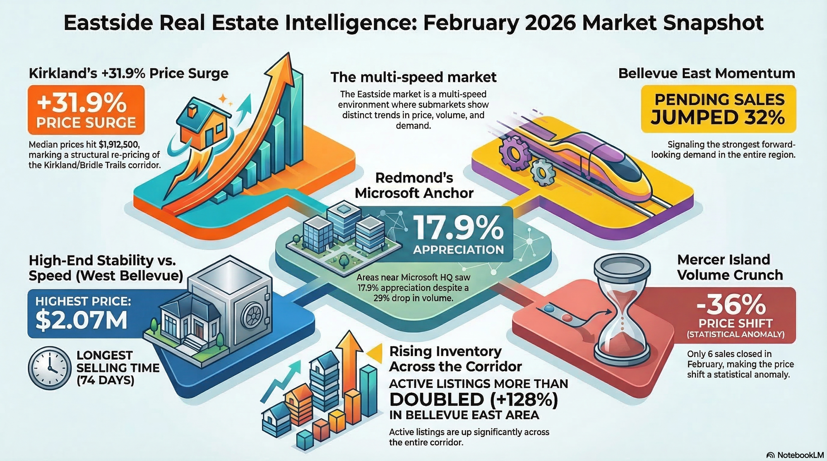 Eastside Real Estate Market Report February 2026 infographic showing multi-speed market across five NWMLS areas