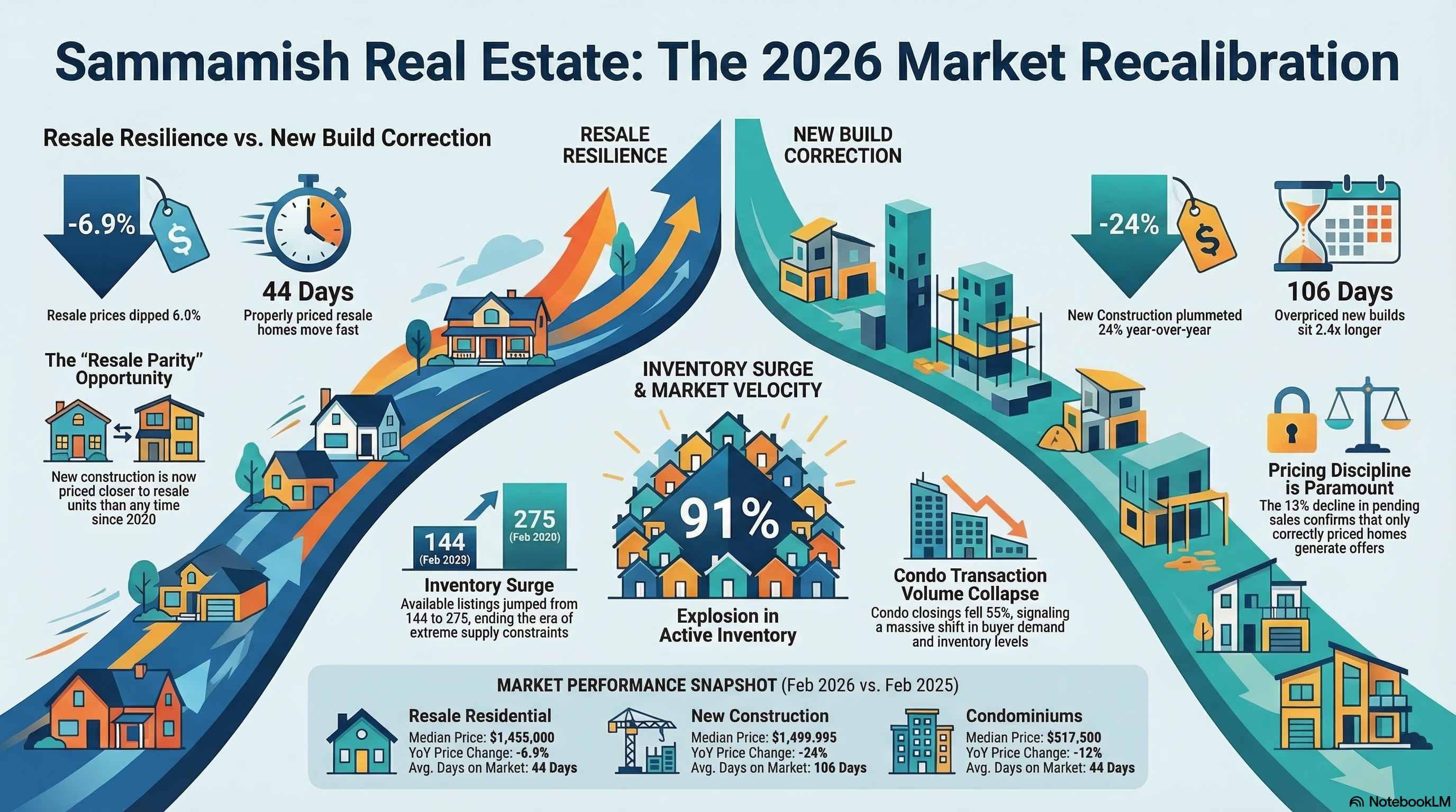 Sammamish Real Estate Market Report February 2026 infographic showing inventory surge and market recalibration